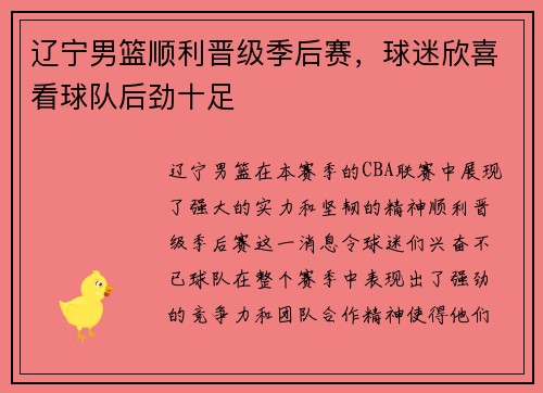 辽宁男篮顺利晋级季后赛，球迷欣喜看球队后劲十足